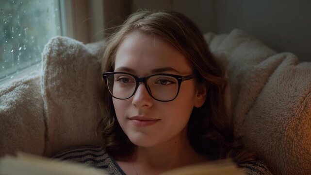 Reading woman with glasses sweater turning pages of hardback in armchair by rain on window relaxing