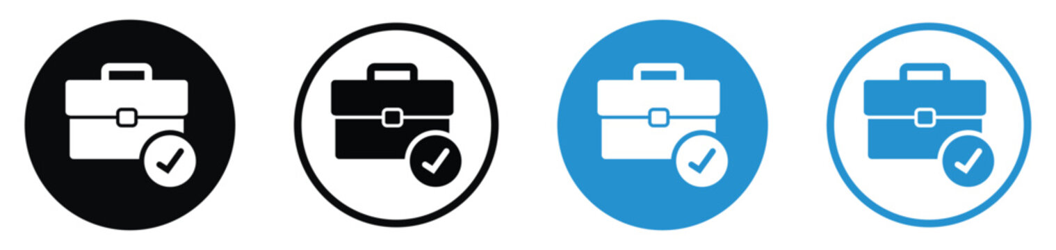 Professional briefcase icon with a checkmark symbol. Illustrates successful job completion, approved applications, verified work, or finished business tasks. Modern outline and solid styles.