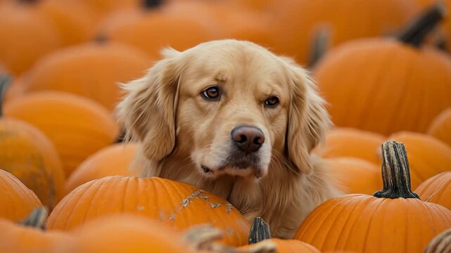 A golden retriever surrounded by vibrant orange pumpkins.