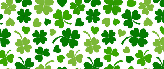 Naklejka premium Clover seamless pattern for St. Patrick Day. Shamrock background, lucky four leaf bg. Green Irish print, holiday spring backdrop, abstract leaves wallpaper. Nature vector illustration