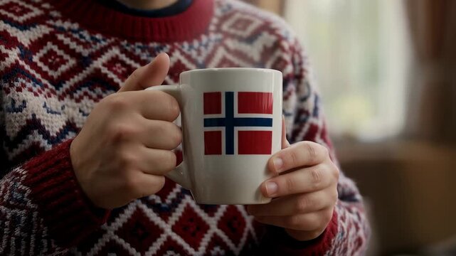 Adjusting adult male hands rotating mug to show Norwegian flag in living room, wearing knit sweater