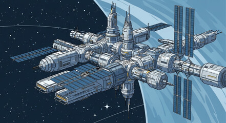 Futuristic Space Station Orbiting Earth with Solar Panels. © Ahmad