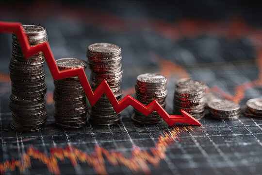 Financial crisis down, red arrow economy business graph on money crash market background with bankruptcy decrease bad finance chart diagram or loss investment economic recession