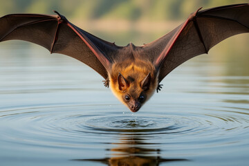 Obraz premium Nocturnal Bat Skimming Serene Water, Capturing Reflection and Movement During a Thirsty Moment of Wilderness Survival