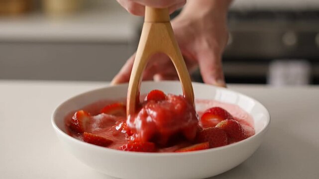 Mashing fresh strawberries in a white bowl with a wooden masher tool