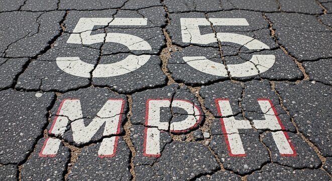 Cracked Asphalt Road Surface With Painted Speed Limit Sign Indicating Fifty-Five Miles Per Hour