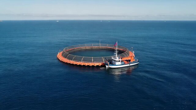 Approaching workboat circling orange floating fish pen at sea, crew inspecting for maintenance