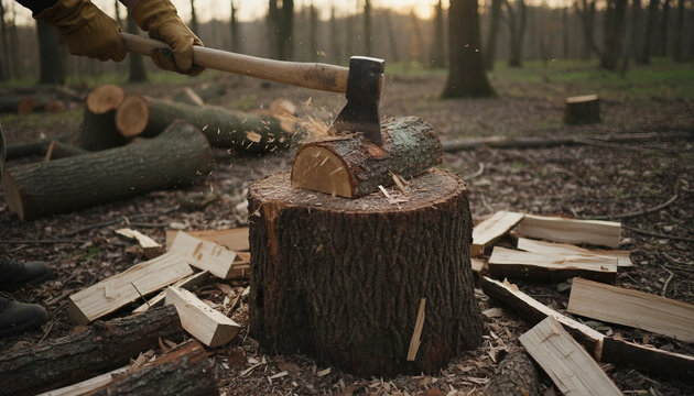 Axe head deeply embedded in a freshly cut wooden block surrounded by autumn leaves on the ground. 