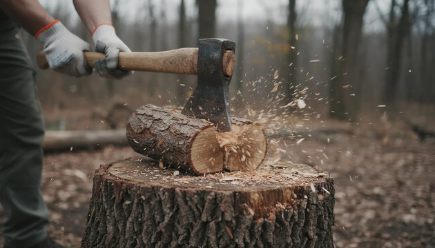 Detailed shot of strong hands in protective gloves swing an axe to cut timber for winter. Traditional wood chopping process with a sharp blade striking a textured organic pine tree trunk