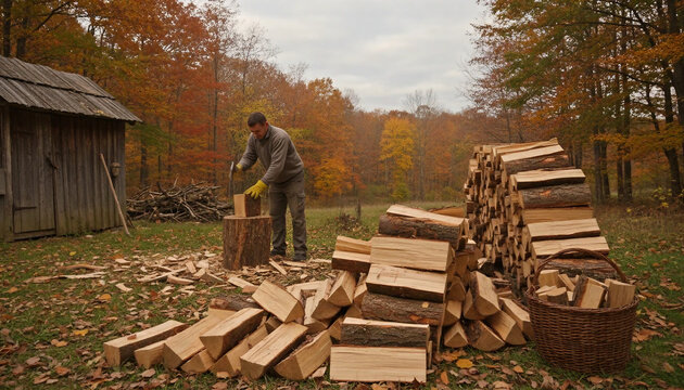 Hard working man chopping wood with an axe near a rustic cabin in autumn. A large pile of split firewood and an axe in the colorful autumn forest background