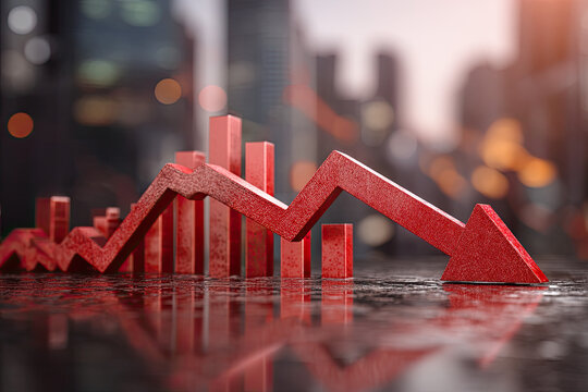 Financial crisis down, red arrow economy business graph on money crash market background with bankruptcy decrease bad finance chart diagram or loss investment economic recession