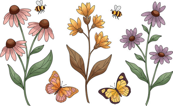 Wildflowers with Bees and Butterflies Botanical Garden Flowers Vector Illustration Set