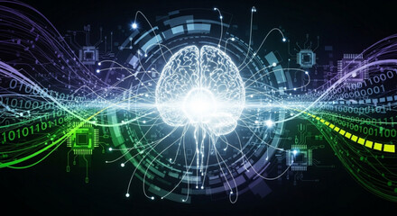 Glowing digital brain with vibrant circuits and data streams on a dark background representing artificial intelligence and technology