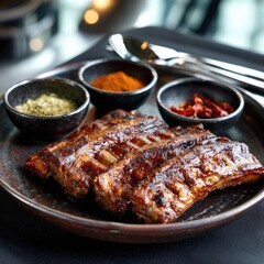 Grilled ribs with spice bowls, placed on a dark plate, cutlery nearby