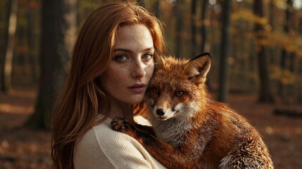Fototapeta premium A young woman gently holds a fox in her arms amidst the autumnal forest setting, exuding calm contentment.