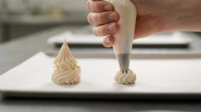 Meringue Cookie Creation Hand Piping a Sweet Treat onto Baking Sheet