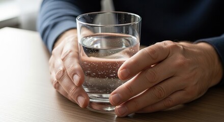 Person holding a clear glass of water with bubbles, resting on a wooden table, soft natural light illuminating the scene