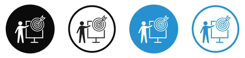 Professional icons featuring a person pointing to a bullseye target on a board. Ideal for concepts involving strategic planning, goal setting, marketing focus, and hitting sales targets. © bibin