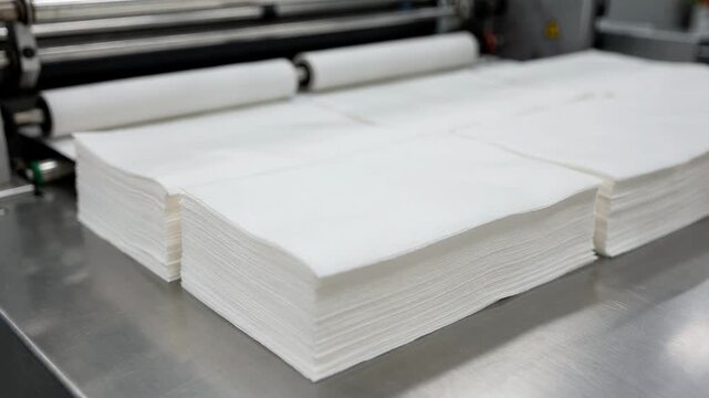 Medium shot of dispensersize napkin sheets being folded into compact stacks highlighting uniformity and efficiency in preparation for commercial dispensers.