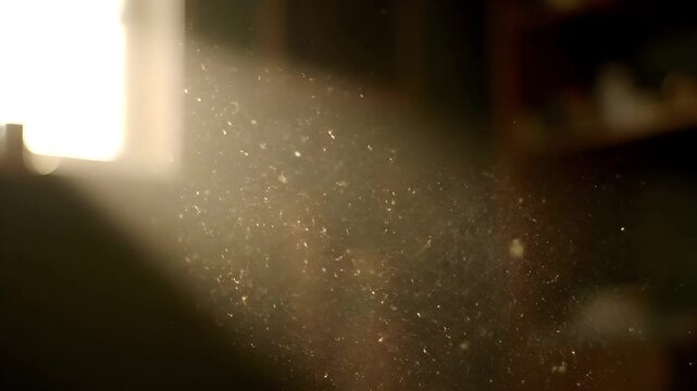 Golden dust particles floating and sparkling in a warm sunbeam, creating an atmospheric visual perfect for abstract backgrounds, motion graphics, and environmental videos