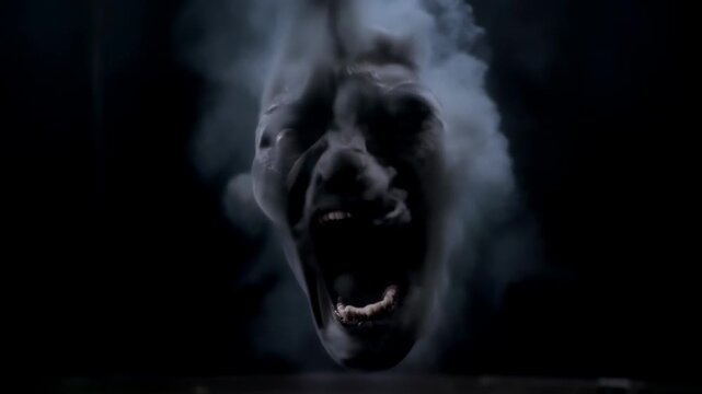 Rising smoke column issuing from low vat, forming humanoid face in dark studio, lighting sculpting