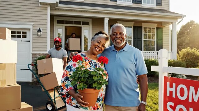Happy senior couple moving into new home with family and sold sign