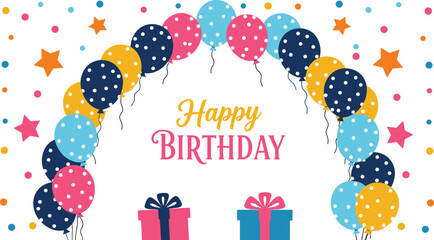Happy Birthday greeting card with balloon arch and gift boxes, festive celebration background, cad drawing flat vector illustration, party stars © MDMOHOBBAT