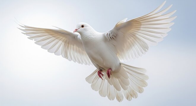 A majestic white dove soaring gracefully through the clear blue sky, a symbol of peace and hope