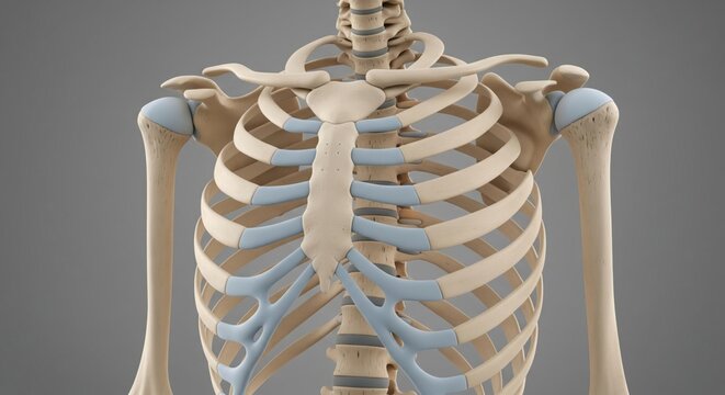 Anatomical illustration of the human rib cage and sternum, detailing the bony framework of the thorax and its protective structure for vital organs