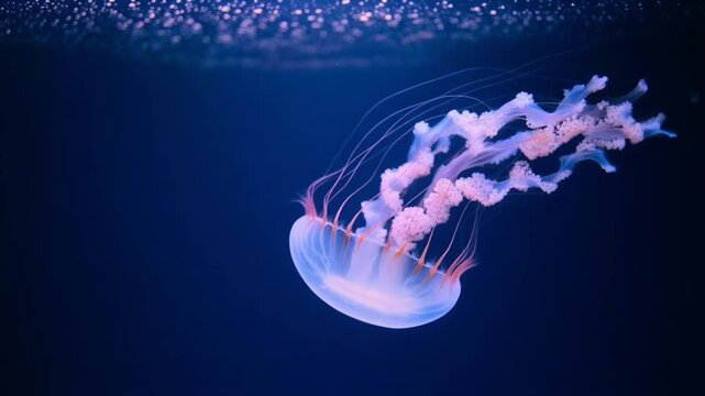 Jellyfish floating in blue aquarium water
