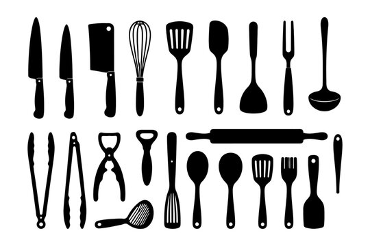 Silhouette collection of various kitchen utensils for cooking and baking.