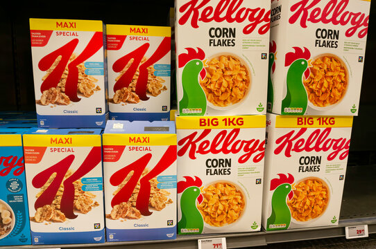 Kelloggs cereal packages on shelf. Link&ouml;ping, &Ouml;sterg&ouml;tland, Sweden. 07-20-2025.