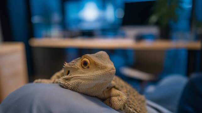 Bearded dragon lizard sitting calmly on owner shoulder watching television in a modern living room, perfect for exotic reptile pet lifestyle, bearded dragon care, rare pet companion, reptile owner,