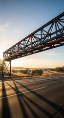 Obraz premium Dramatic Highway Bridge Structure at Sunrise with Dynamic Light and Scenic Landscape Backdrop