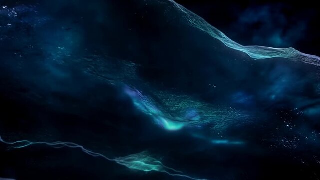 Gliding camera revealing membrane ridges and microtextures in abstract CGI scene, showing teal glow