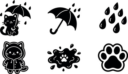 Fototapeta premium Flat design close up cat holding umbrella wearing raincoat sitting beside paw print puddle with falling raindrops cute playful icon