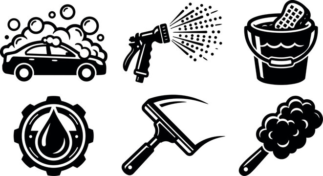 Flat design car wash icon set six black and white symbols showing soapy car spray nozzle bucket squeegee water drop