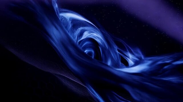Purple hex mesh bulging and wrapping as thin blue flow moving in cosmic starfield, forming vortex