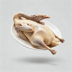 Fototapeta premium Whole raw duck on a white plate ready for cooking