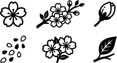 Naklejka premium Flat design minimal black cherry blossom icon set six elements close up branch bud petal leaf simple botanical vector collection