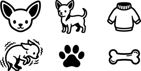 Obraz premium Chihuahua icon set flat vector chihuahua head standing dog shivering sweater paw bone simple black line art cute minimal collection
