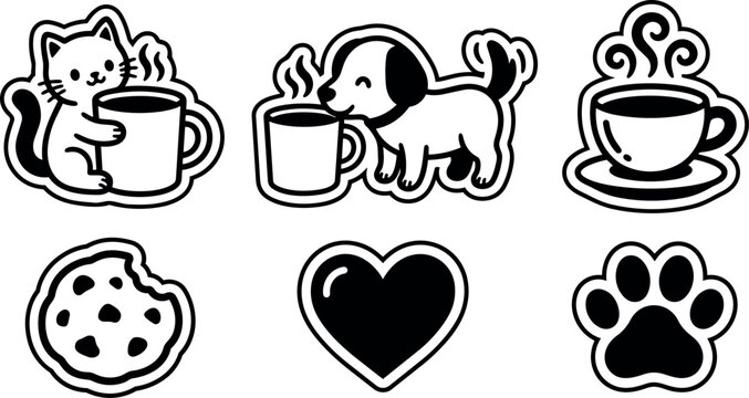 Cute sticker vector set of cat and dog with coffee mug cookie heart and paw icons in bold line art