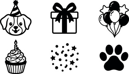 Fototapeta premium Flat design party pet icon set showing happy dog with party hat gift box balloons cupcake confetti and paw print