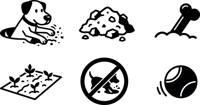 Flat design close up dog digging icon with dirt pile bone garden no dog symbol and bouncing ball in set
