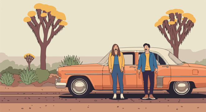 Vintage desert road trip illustration: a couple stands beside a classic orange car with iconic Joshua trees, evoking retro travel and adventure.
