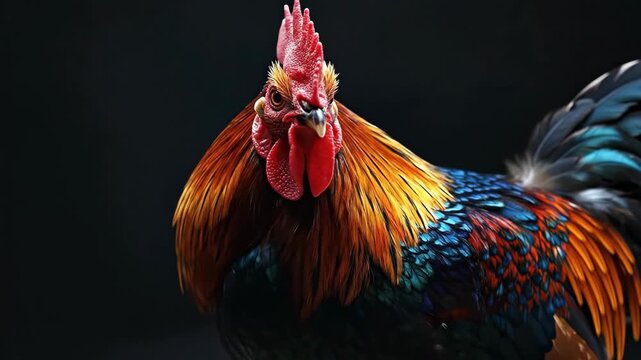 A vibrant rooster with striking colors against a dark background.