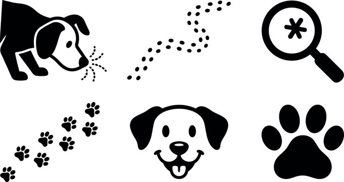 Flat design close up dog sniffing paw print trail magnifying icon set smiling dog face and paw silhouette minimal icons