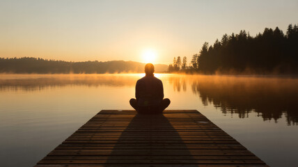 Meditation at Sunrise on Wooden Lake Dock &ndash; Silhouette Person Practicing Mindfulness in Peaceful Nature