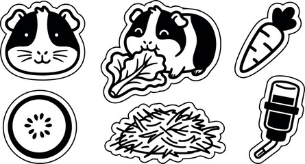 Fototapeta premium Minimalist black and white vector stickers guinea pig smiling face eating lettuce carrot hay water bottle cucumber slice close up