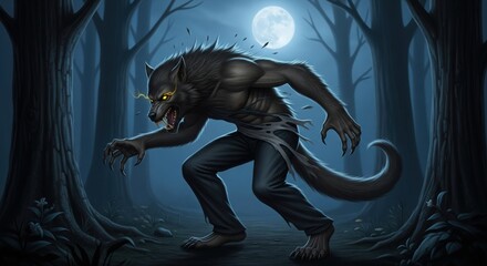 The terrifying werewolf transformation under the full moon, showcasing its monstrous form emerging from the shadows of a dark forest